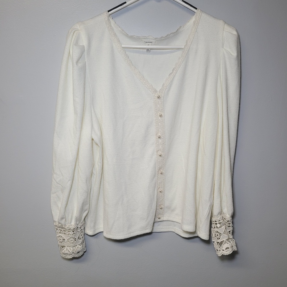 Maurices Shirt Lace Womens XXL Off White Ribbed Faux Pearl Button Top